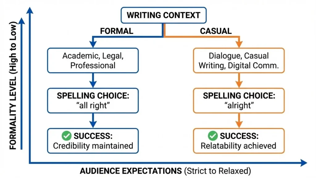 A decision tree diagram for Alright vs All Right mapping writing contexts to spelling choices: 'all right' for academic and professional use, and 'alright' for casual dialogue and digital communication.