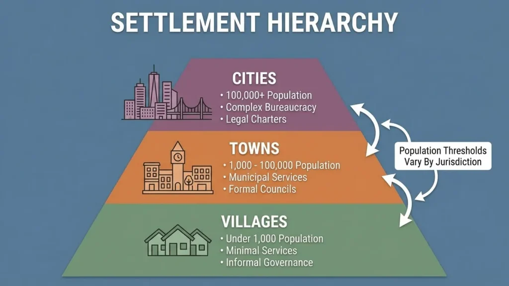 A settlement hierarchy pyramid for City vs Town vs Village based on population and services. It shows villages at the base, towns in the middle, and cities at the top, illustrating how legal status and infrastructure scale with population size
