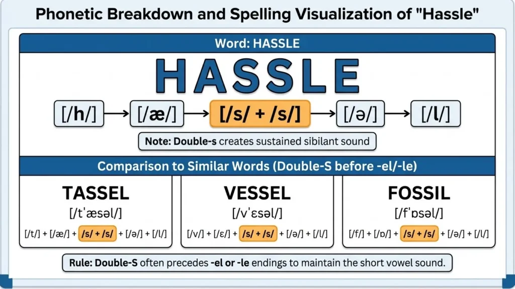 Hastle vs Hassle: A phonetic diagram breaks down the pronunciation of "hassle" into individual sounds, highlighting how the double-s creates a sustained sibilant before the final syllable, distinguishing it from words like "castle" where only one consonant precedes the -le ending.