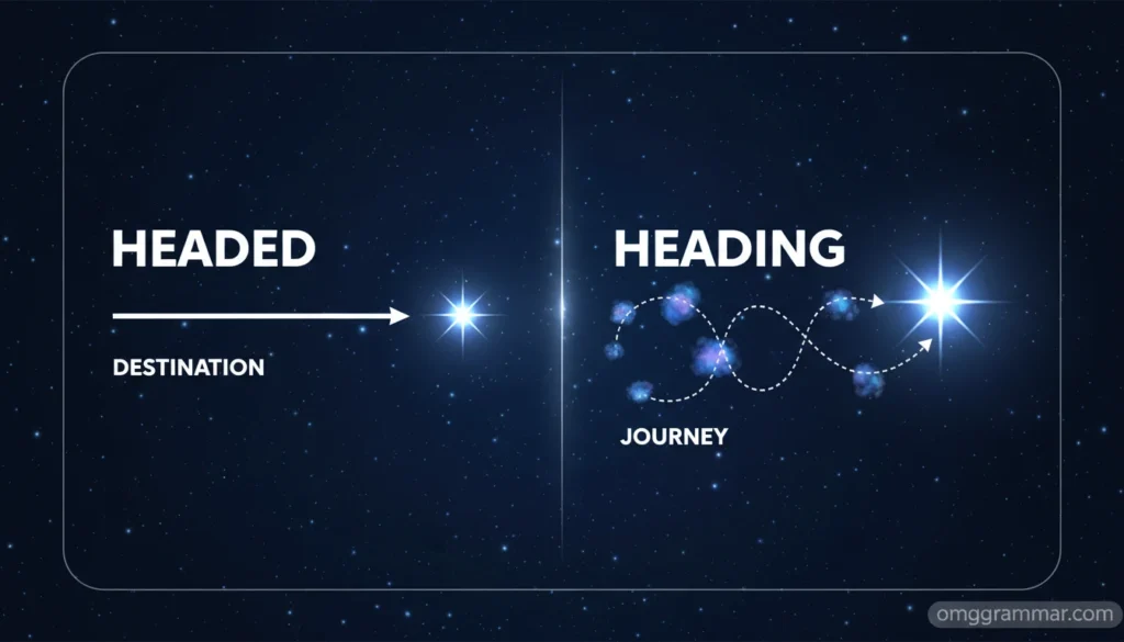 headed vs heading visual chart showing headed as destination-focused with a direct arrow and heading as journey-focused with a winding path