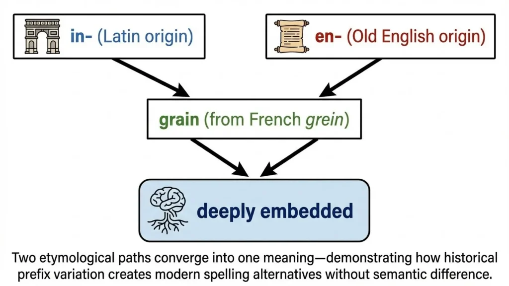 Linguistic flowchart of ingrained vs engrained showing their shared origin and identical meaning of being deeply embedded or fixed.