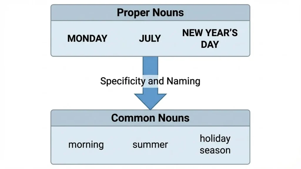 Grammar chart explaining is summer capitalized by showing it as a lowercase common noun versus capitalized proper nouns